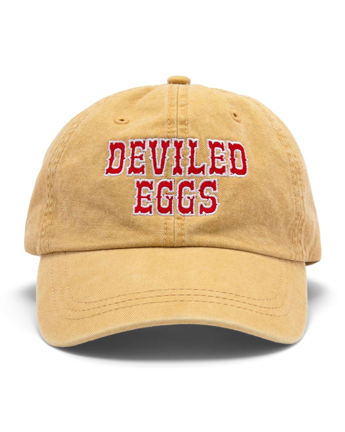 Yellow baseball cap with 'Deviled Eggs' embroidered in red on a white background