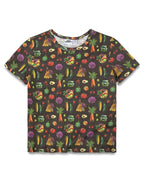 A short-sleeve dark charcoal colored t-shirt featuring an all-over vegetable print. The pattern includes various illustrated vegetables like carrots, broccoli, tomatoes, and avocados in bright colors.