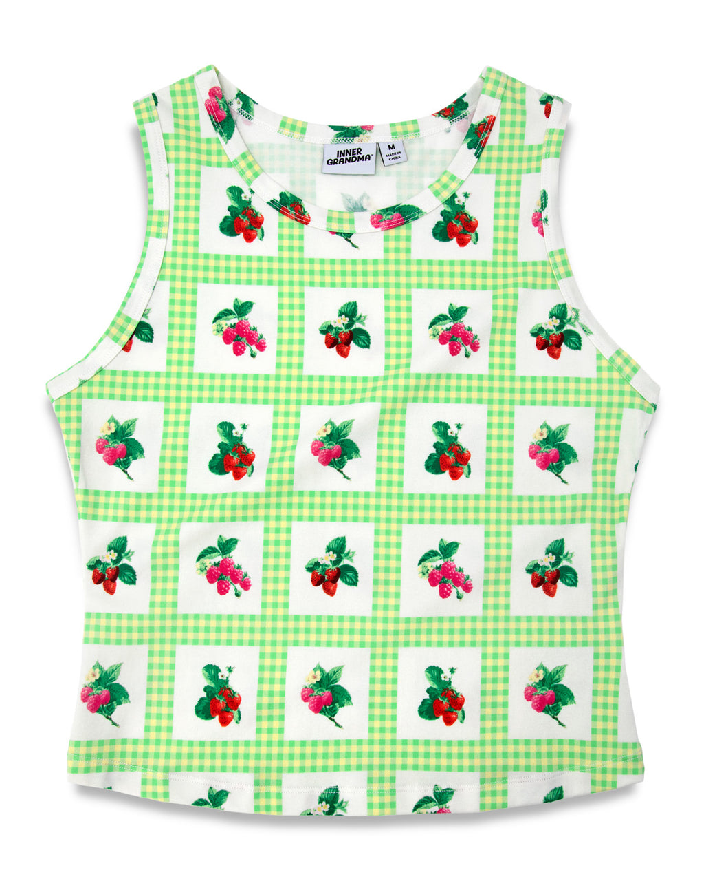Green and white gingham tank top with strawberries and raspberries print, on a white background. 