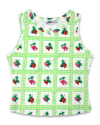 Green and white gingham tank top with strawberries and raspberries print, on a white background. 