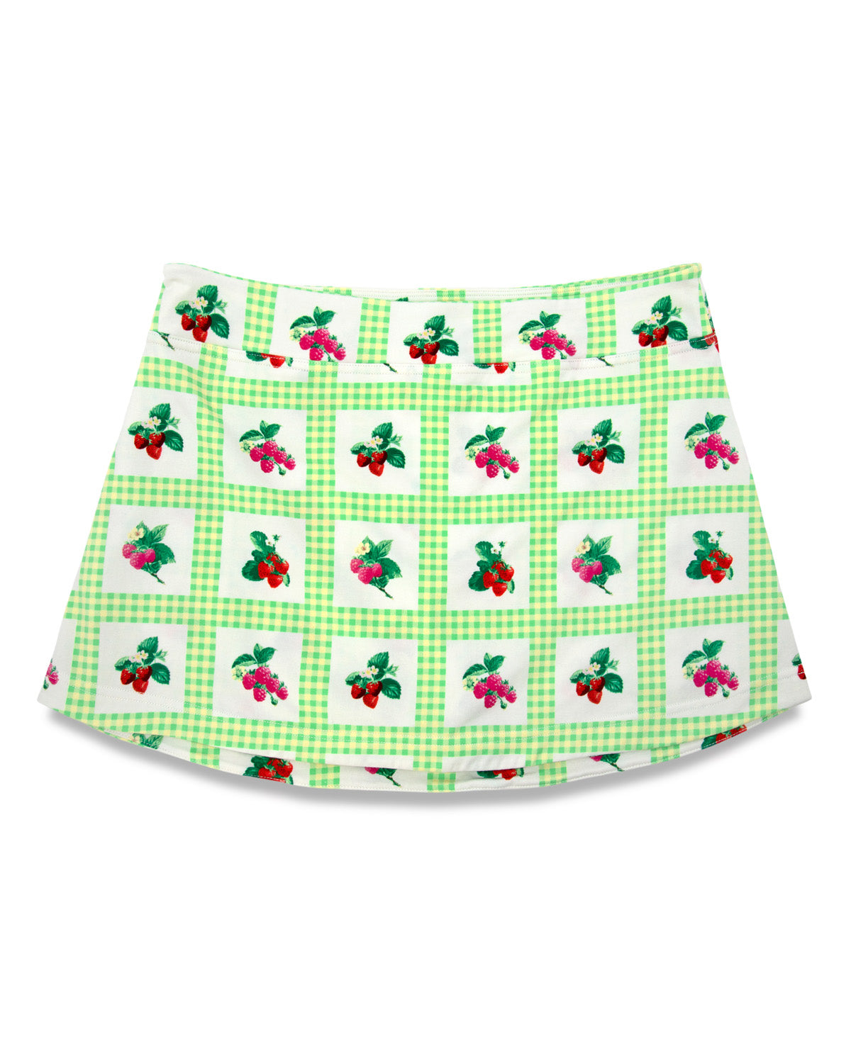 Green and white gingham skort with strawberries and raspberries print, on a white background. 