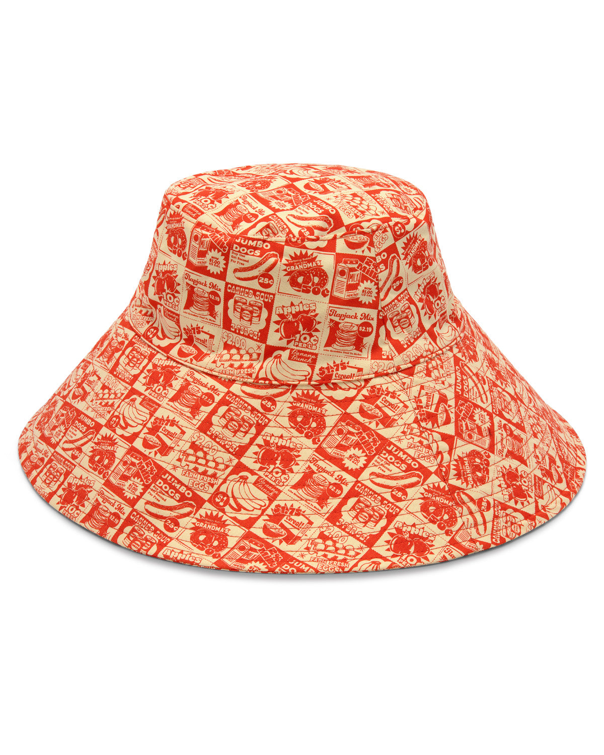 Orange and beige printed sun hat with coupons of different fruits on it. 