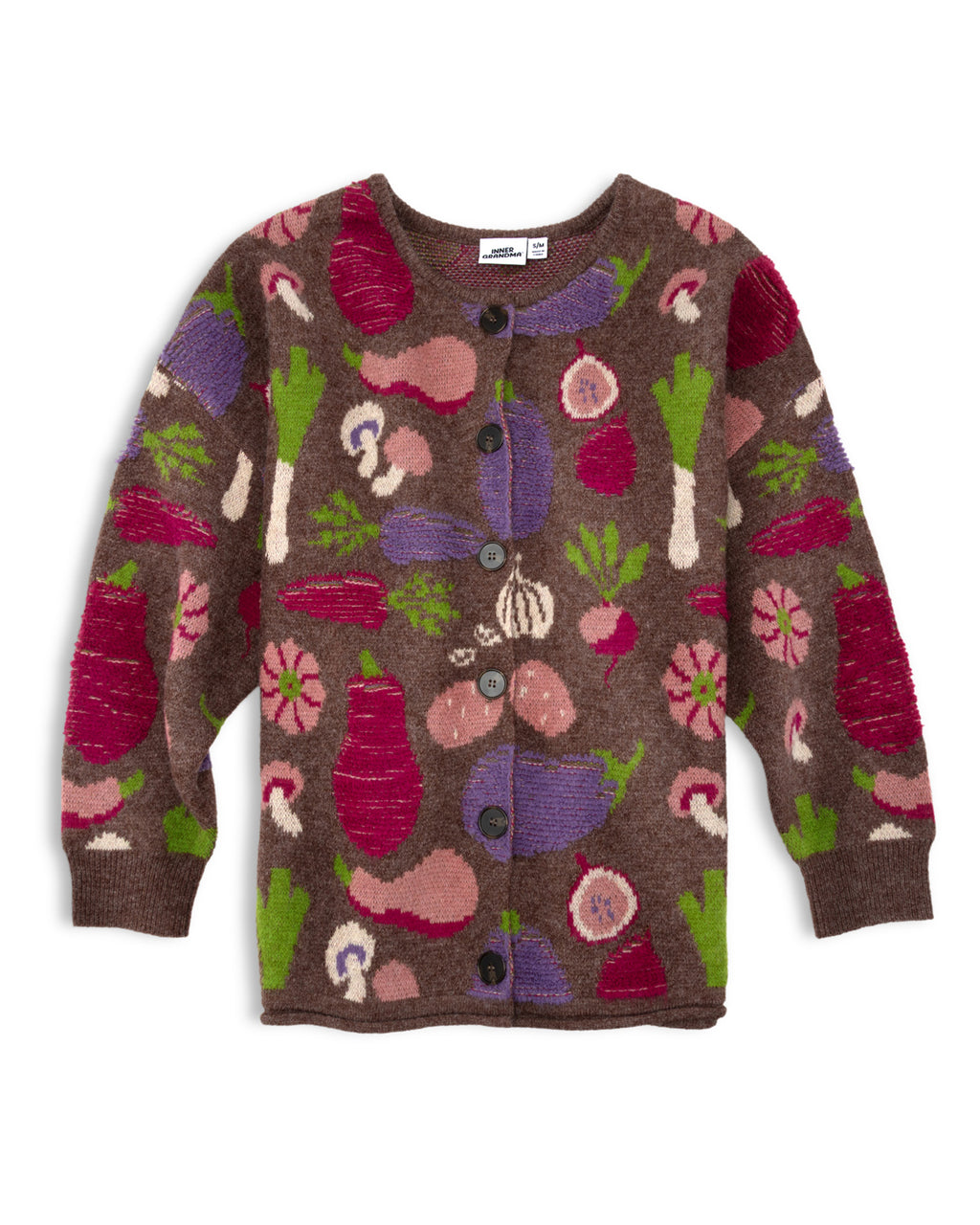 A flat lay of chunky knit cardigan sweater with a multicolor vegetable pattern on a brown base. The sweater features black buttons and is shown against a plain white background.