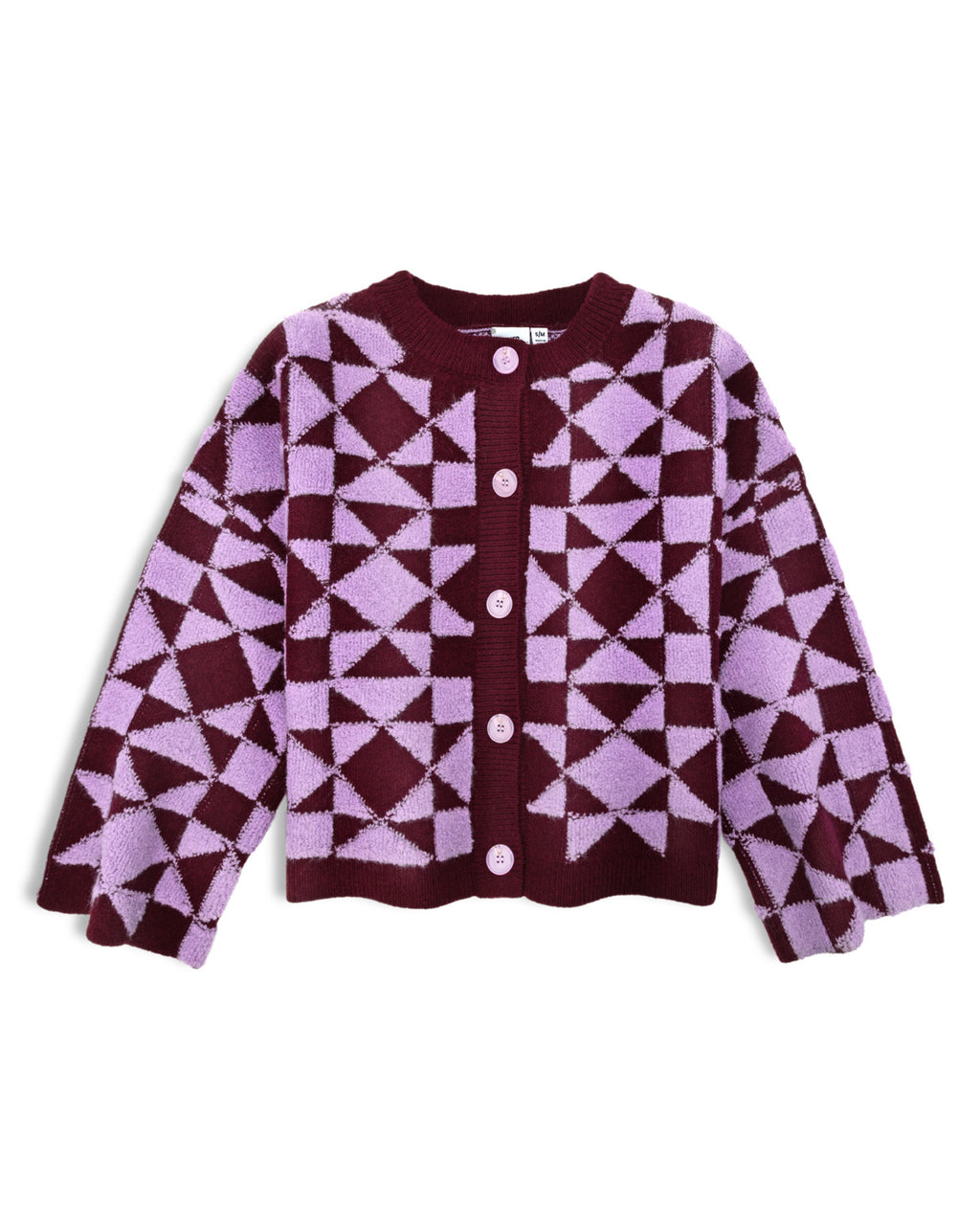 Flat lay of a plum and light purple geometric patterned cardigan with white buttons, against a white background.