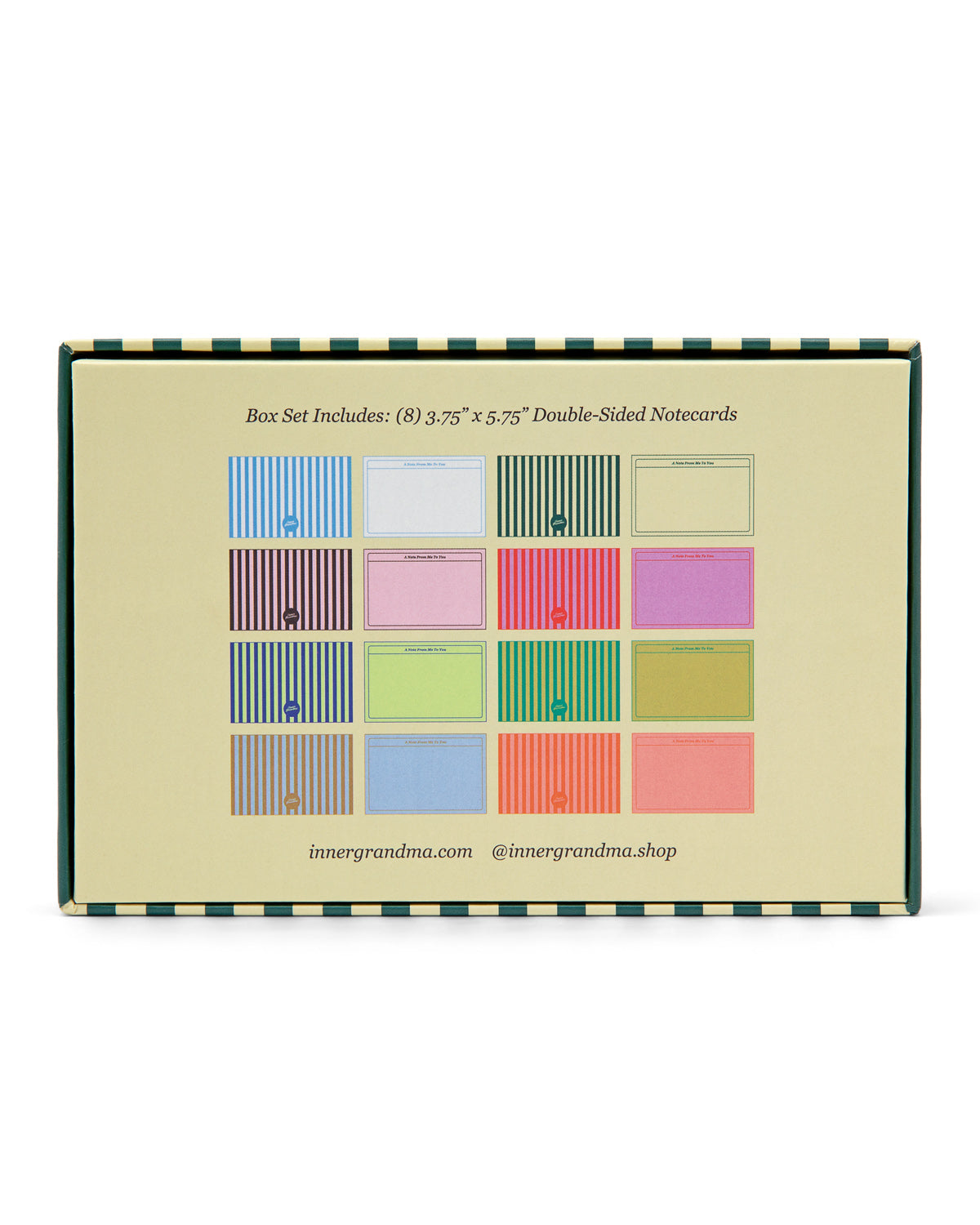Box of colorful double-sided notecards with a grid pattern on a beige background.
