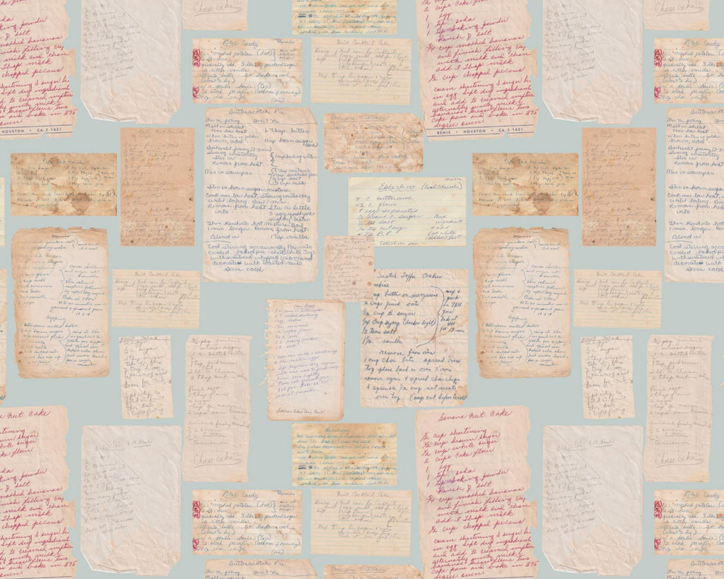 Collage of various handwritten documents on a light blue background