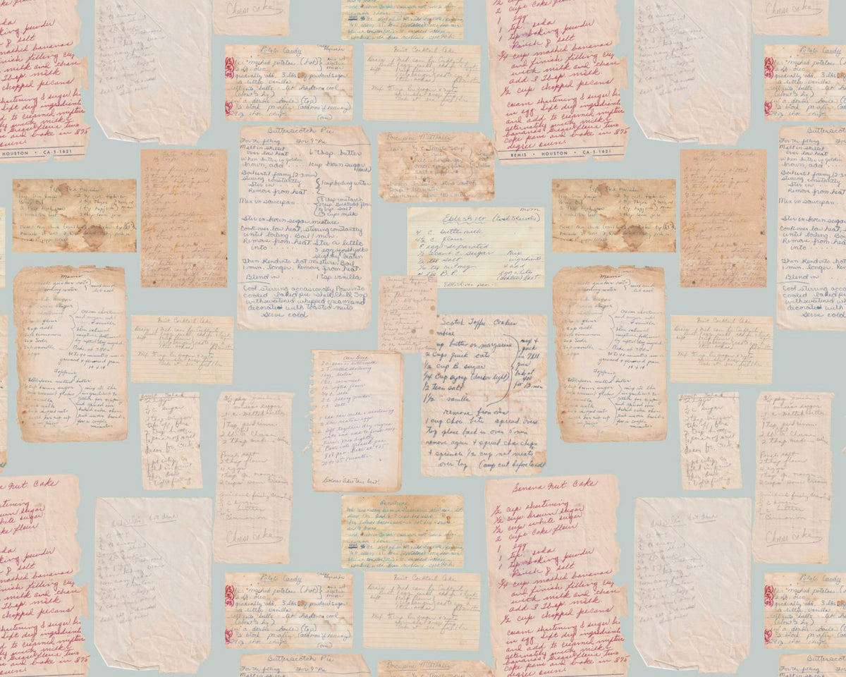 Collage of various handwritten documents on a light blue background