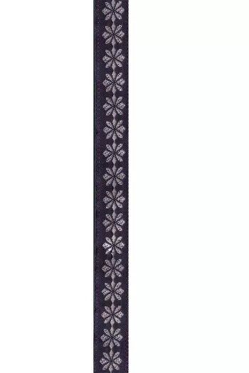 Narrow purple ribbon with white floral pattern on a white background