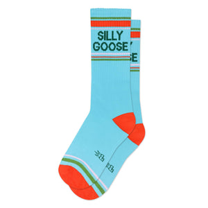 Light blue sock with orange and green accents and 'SILLY GOOSE' text on a white background