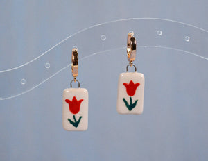 Red Tulip Ceramic Latch Back Hoop Earrings