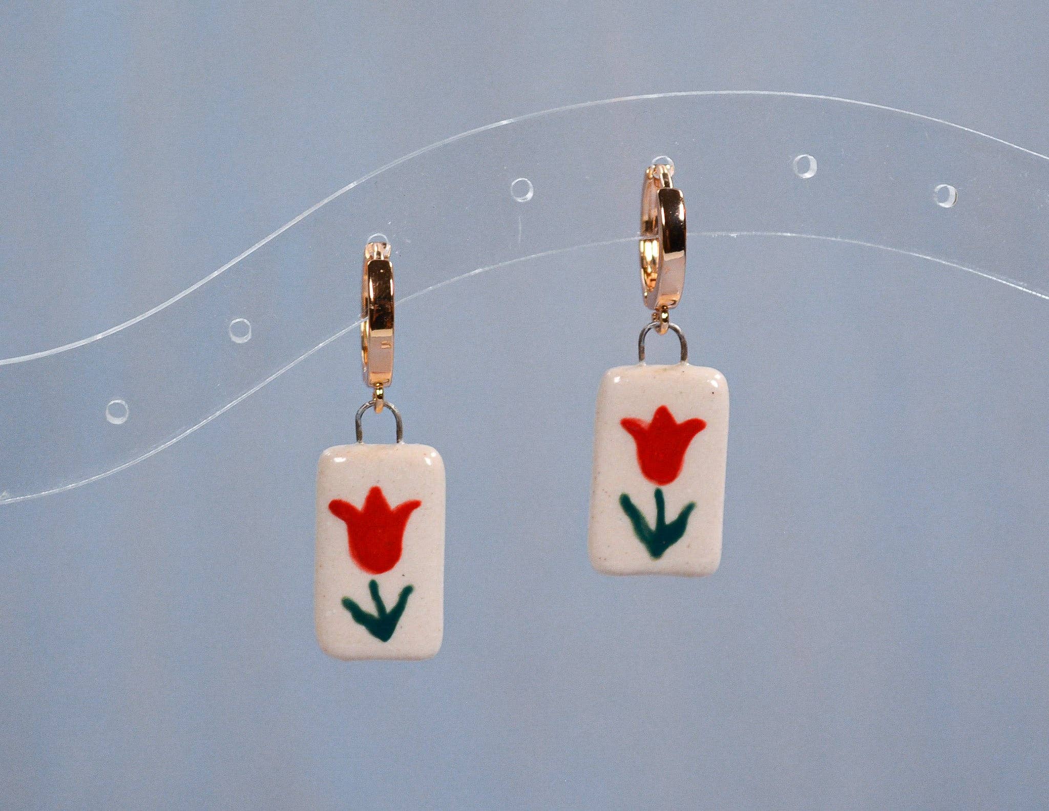 Red Tulip Ceramic Latch Back Hoop Earrings