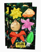 Set of colorful gift tag stickers on a christmas-themed background with 'From' and 'To' labels.