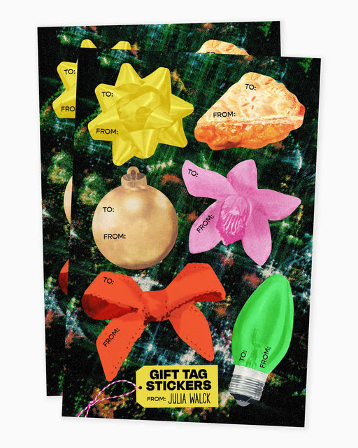 Set of colorful gift tag stickers on a christmas-themed background with 'From' and 'To' labels.