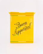 Yellow vase with 'Buon Appetito!' text on a white background