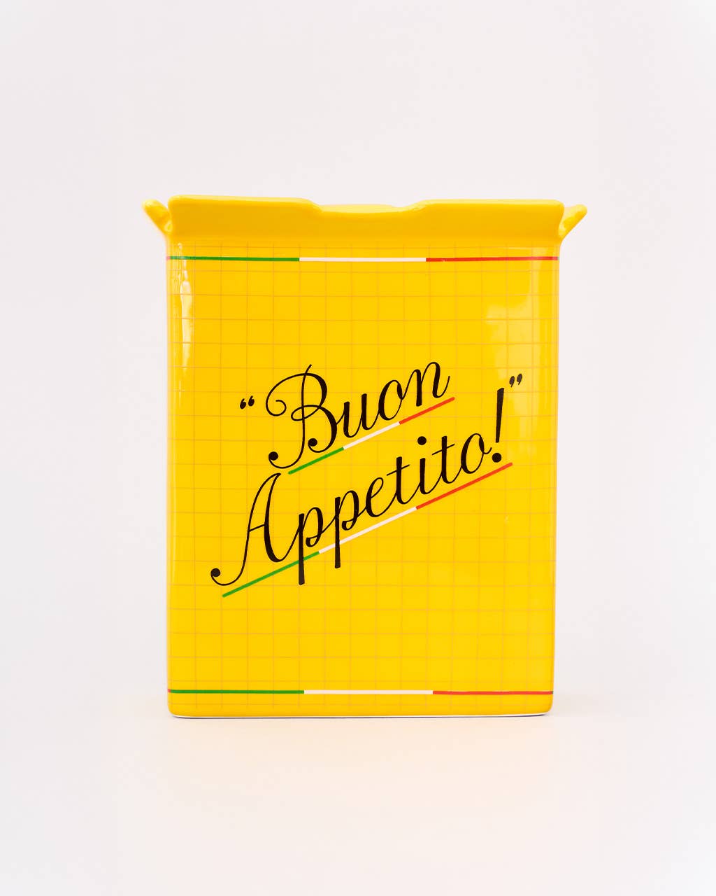 Yellow vase with 'Buon Appetito!' text on a white background