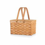 Woven picnic basket with a lid on a white background