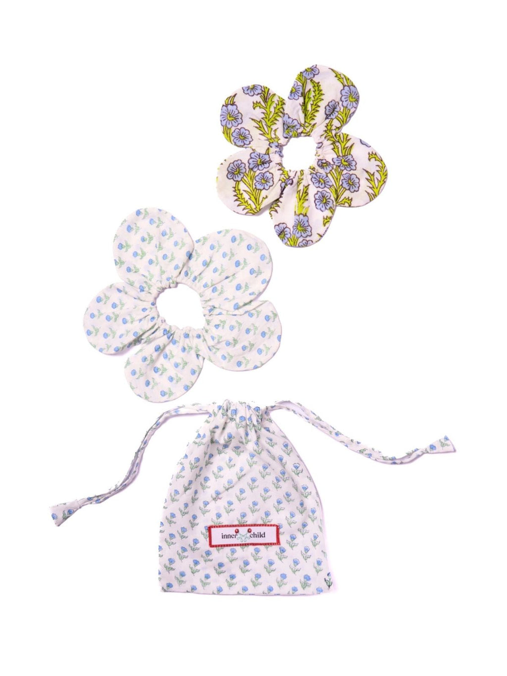 Floral-patterned butterfly earrings with a matching drawstring bag on a white background