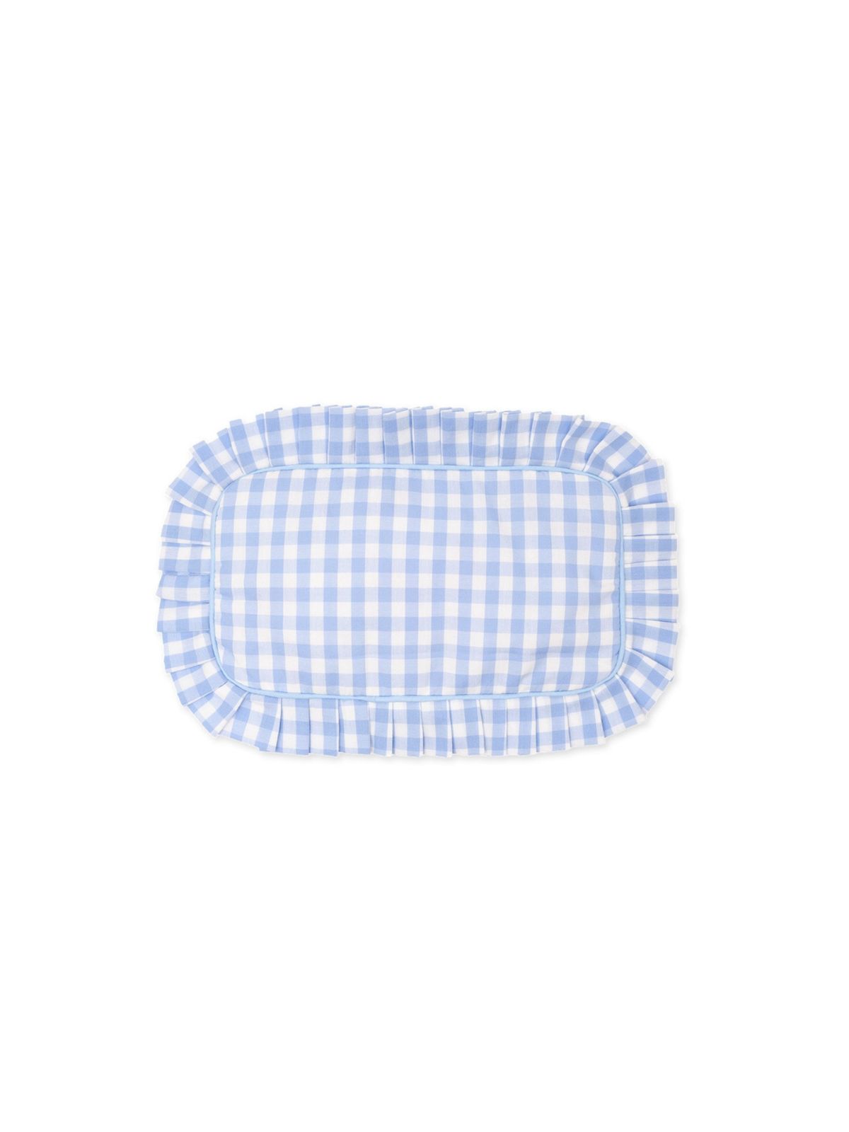 Blue and white checkered oval placemat on a white background
