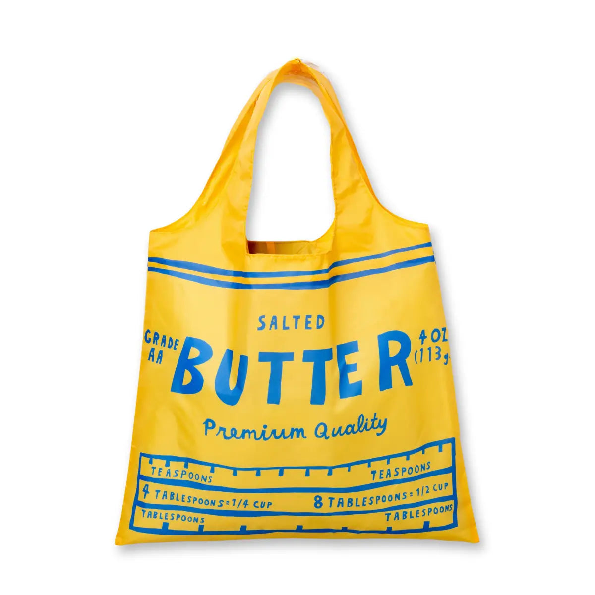Yellow tote bag with blue text and design on a white background
