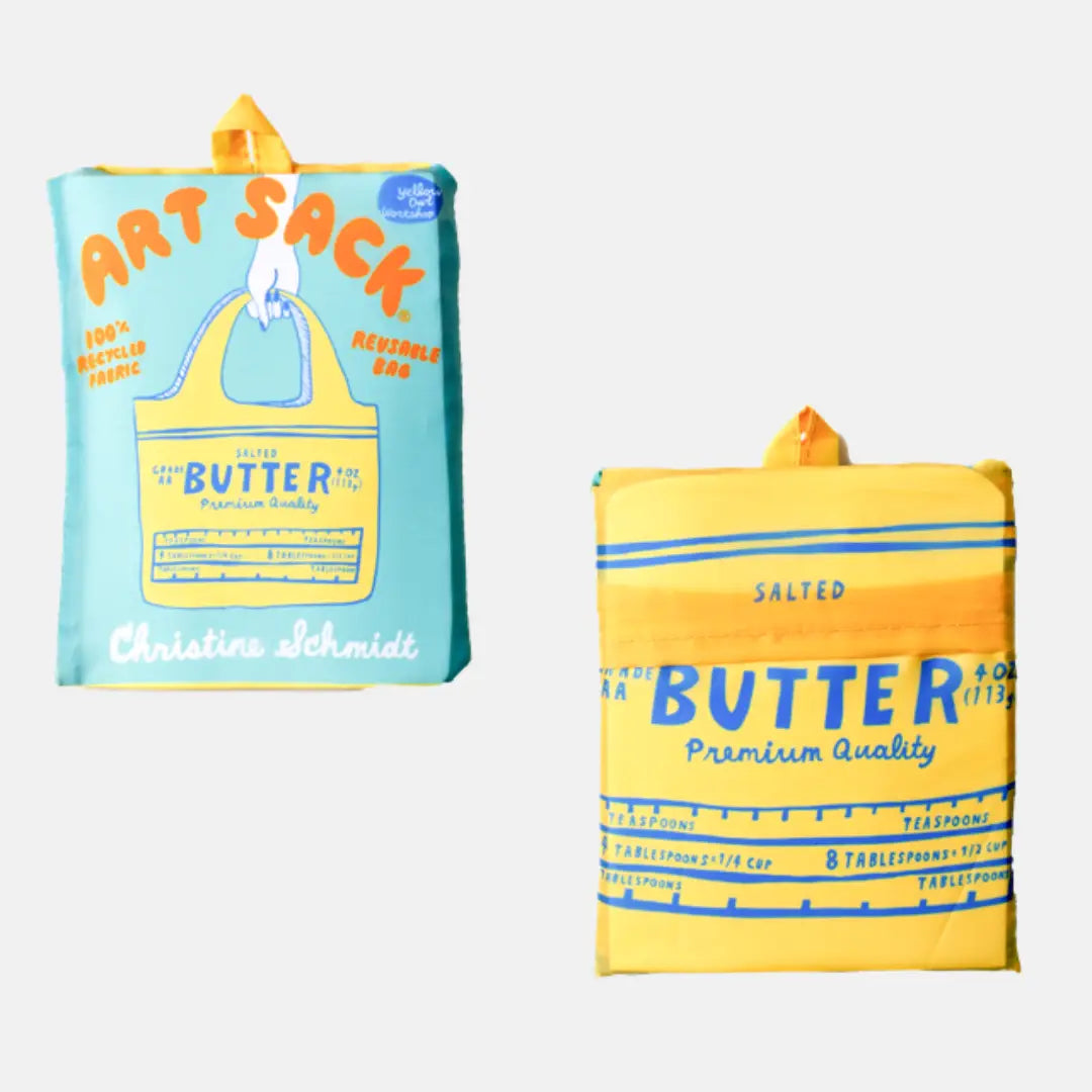 Two reusable bags labeled 'Art Sack' and 'Butter' on a white background
