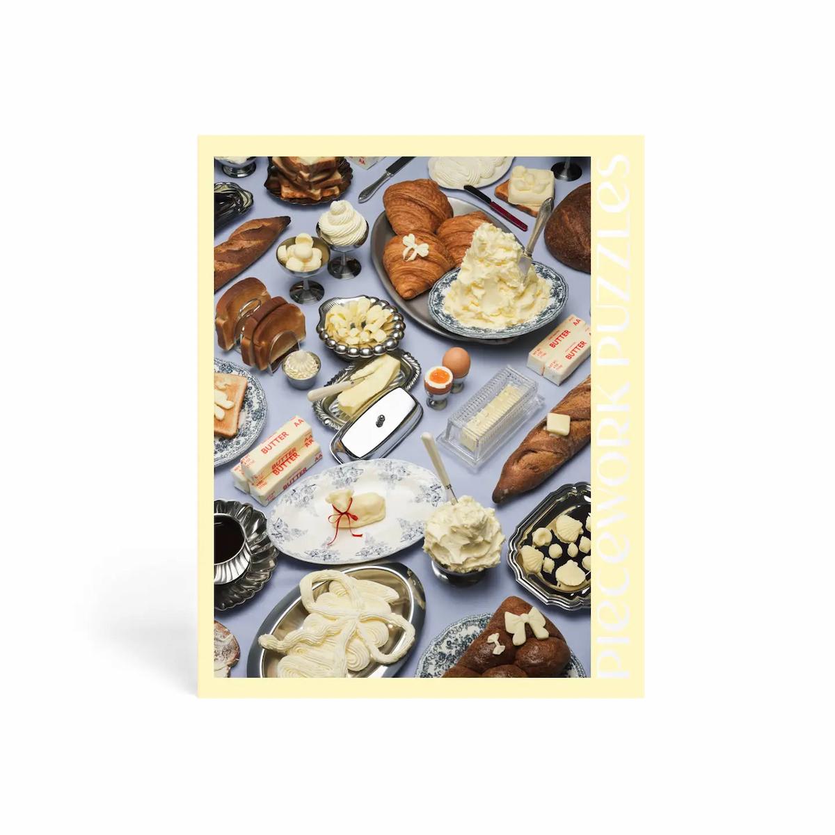 Assorted pastries and desserts on a light blue background with a yellow border.