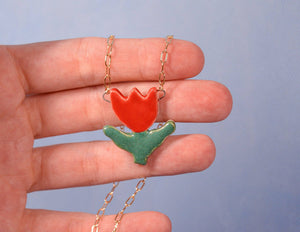 Red Tulip Ceramic Charm Pendant Necklace