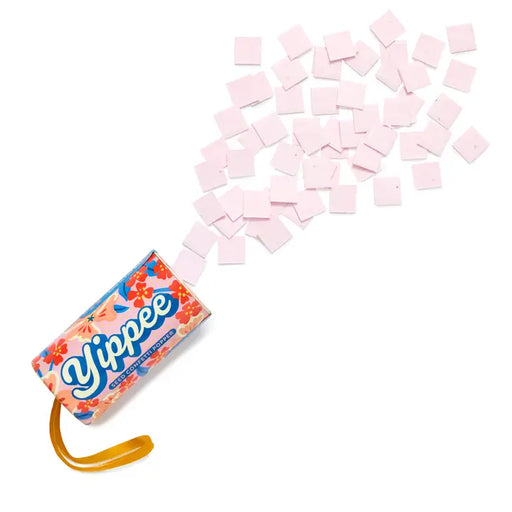 Yippee seed package with scattered pink flower seeds on a white background