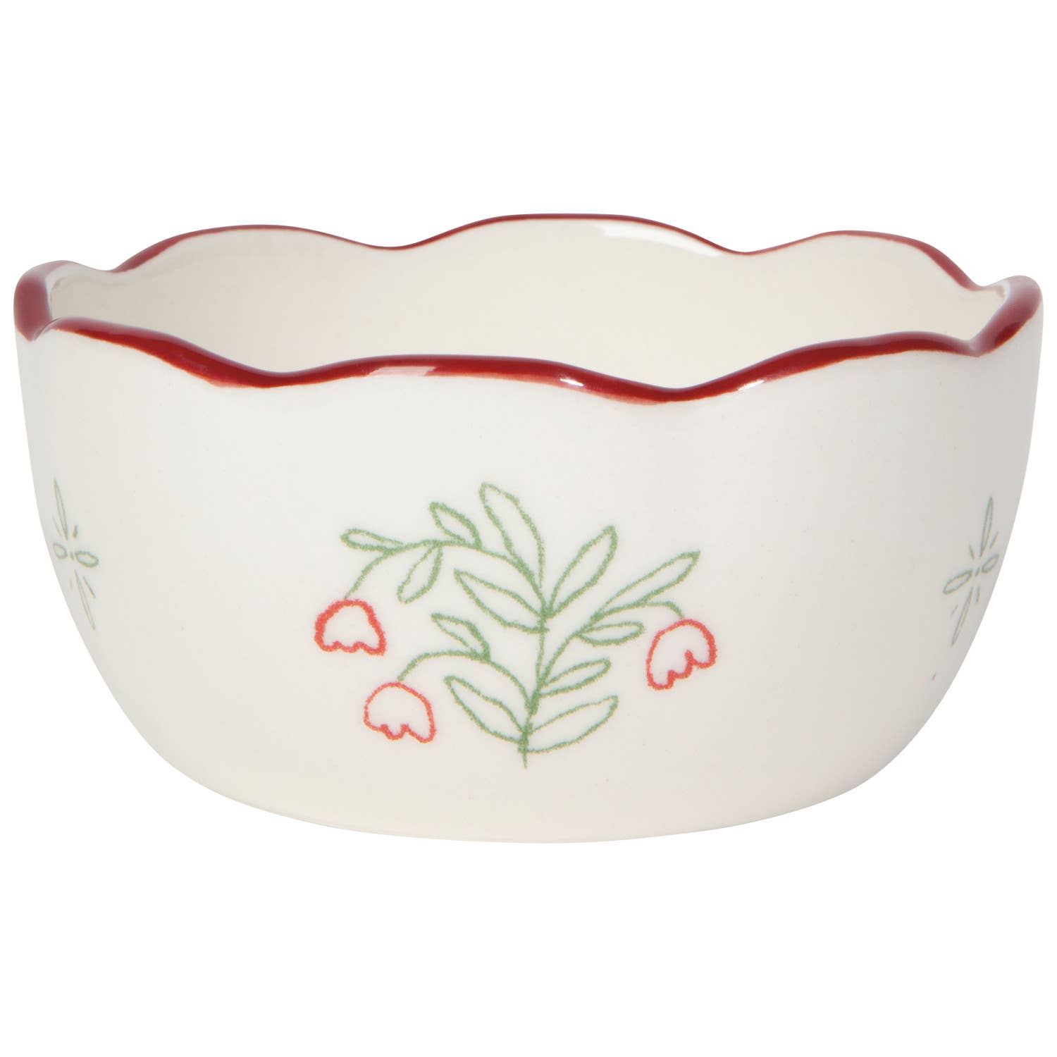 White ceramic bowl with red rim and floral design on a white background