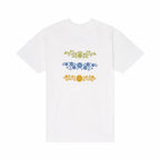 White t-shirt with floral patterns on a white background