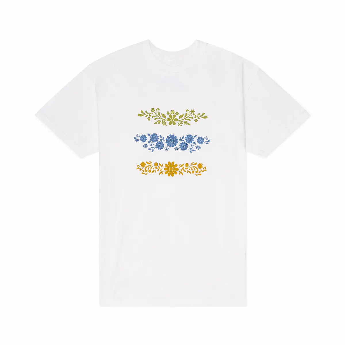 White t-shirt with floral patterns on a white background