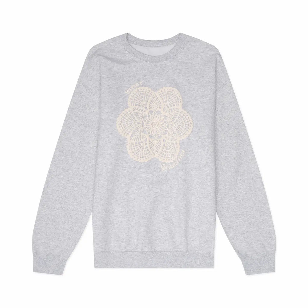 Gray sweatshirt with a white floral design on a white background