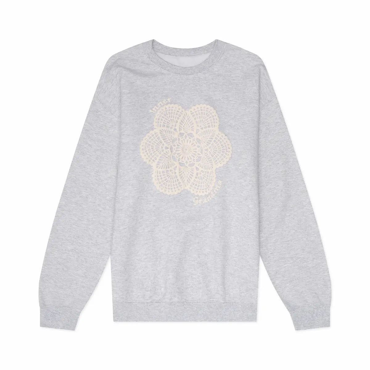 Gray sweatshirt with a white floral design on a white background