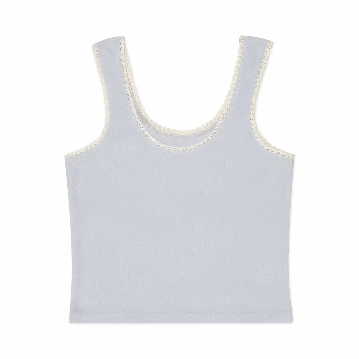 Light blue tank top with white trim on a white background