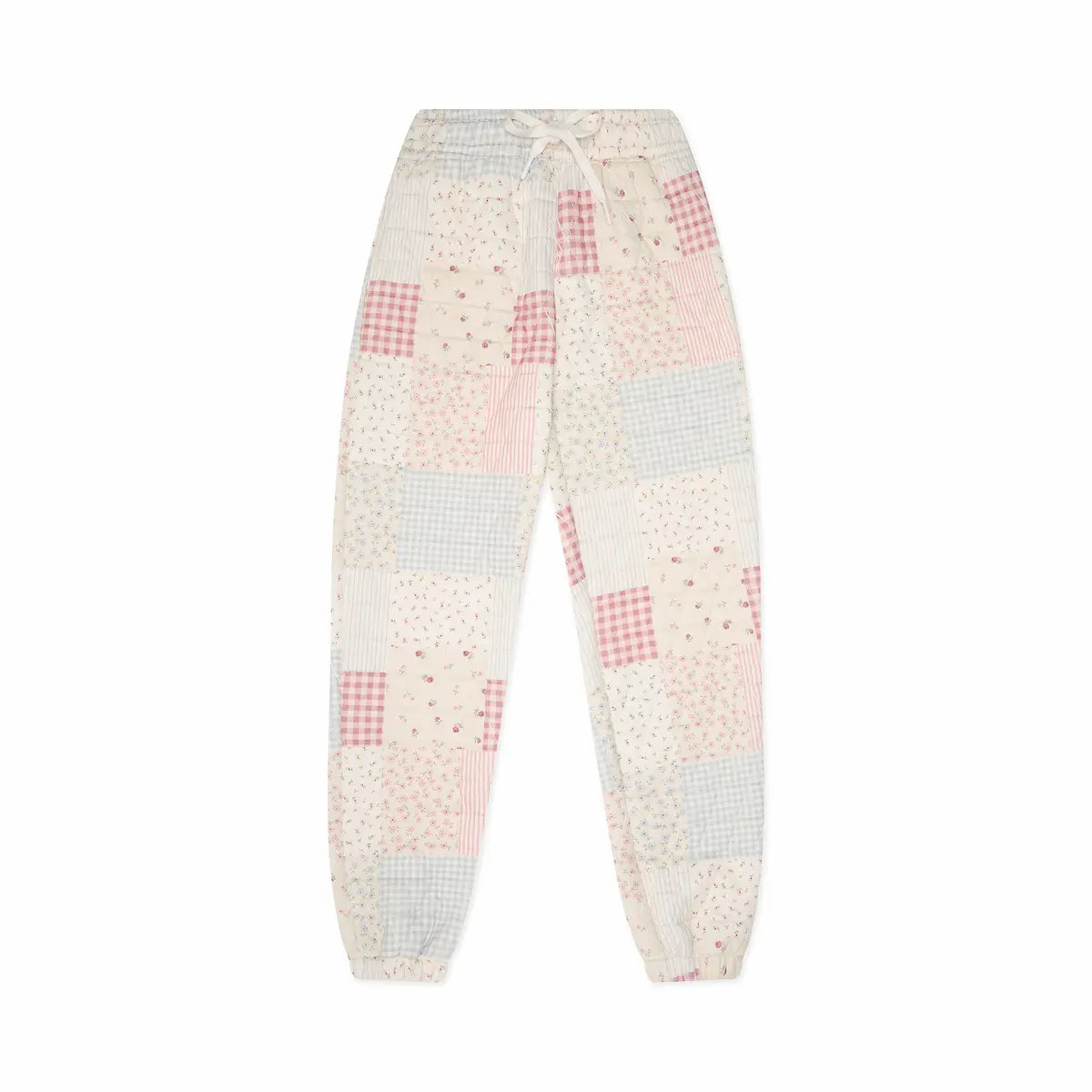 Patchwork pants with pink and gray pattern on a white background