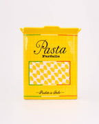 Yellow vase with Pasta Farfalle written on it, with a white background