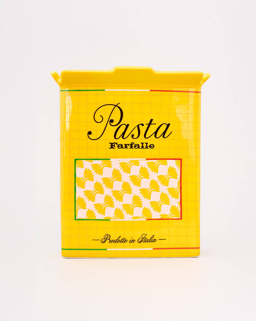 Yellow vase with Pasta Farfalle written on it, with a white background