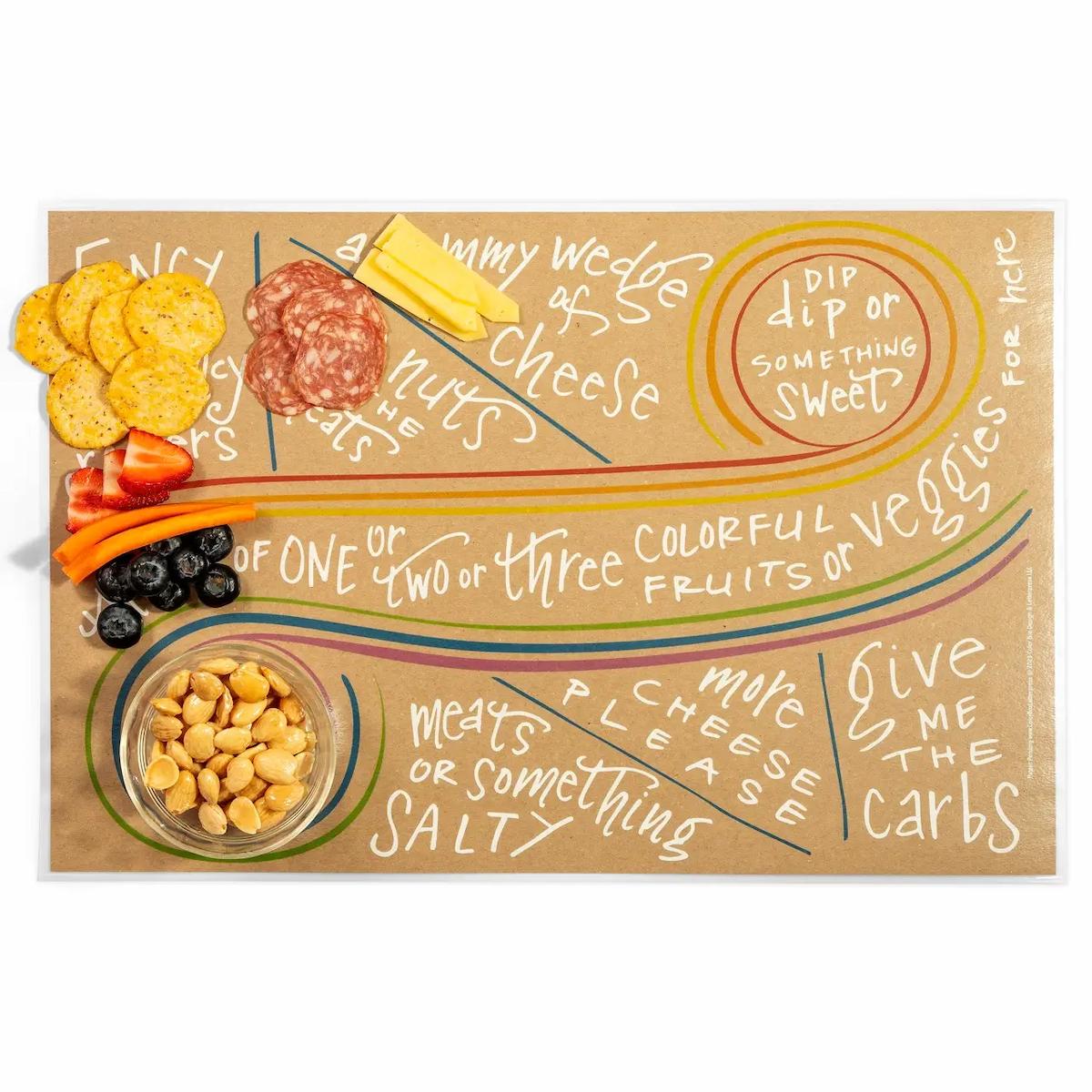 Wooden charcuterie board with food items and humorous text on a white background