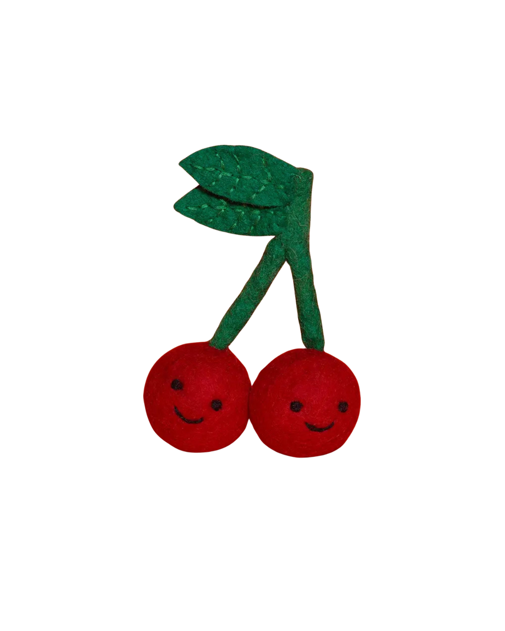 Two red cherries cat toy with green stems on a white background