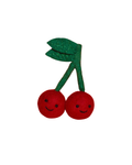 Two red cherries cat toy with green stems on a white background