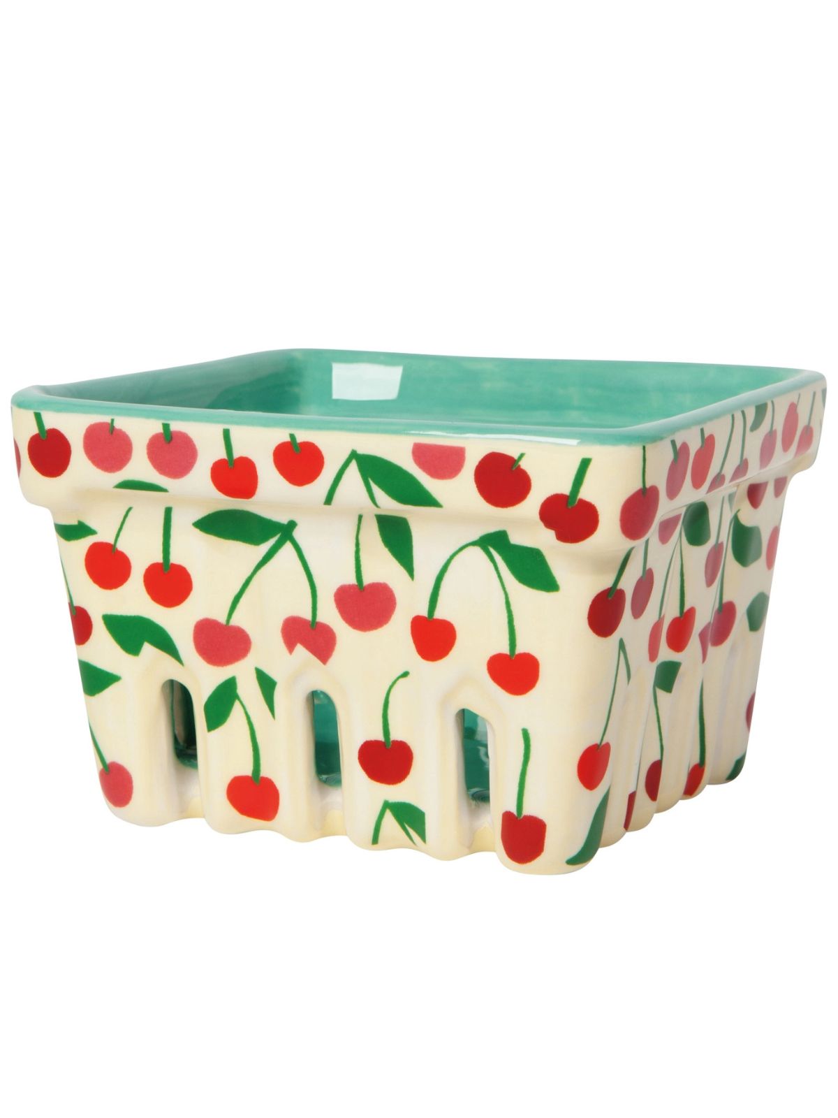 Ceramic container with cherry pattern on a white background
