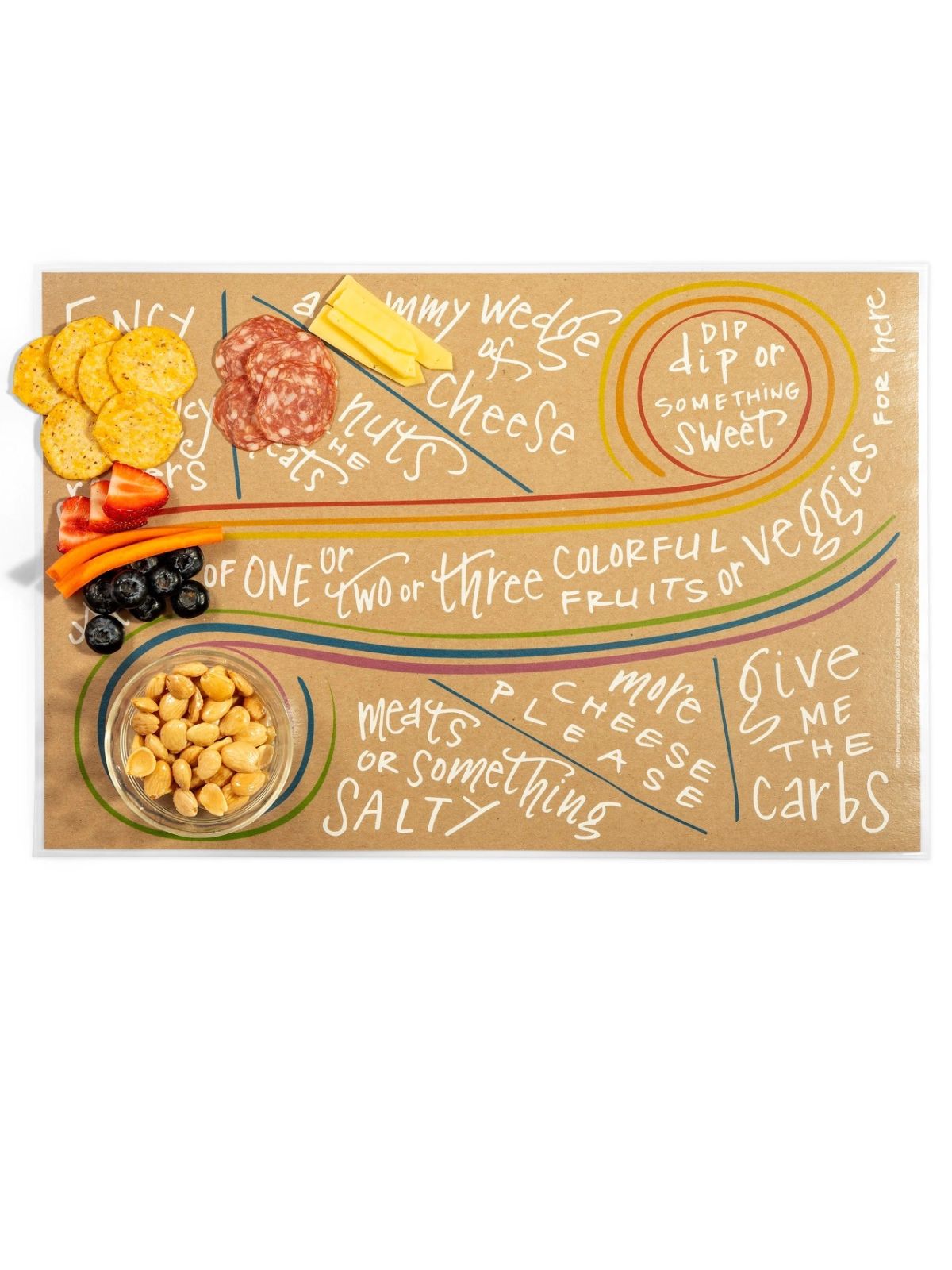 Decorative cutting board with food-themed text and illustrations on a white background