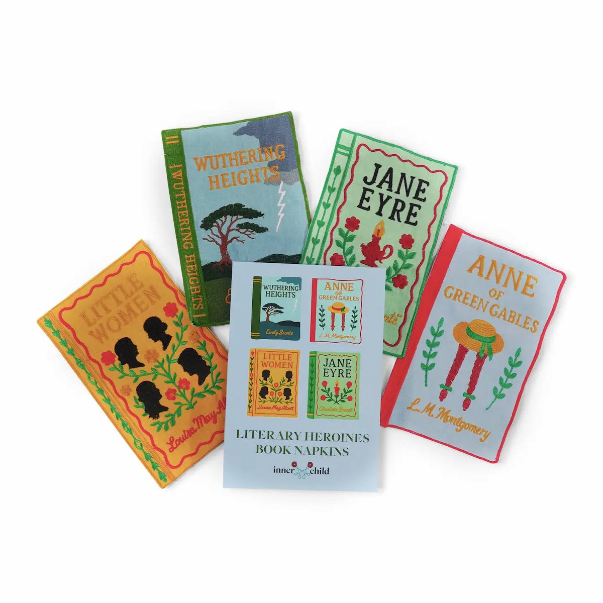 Set of book-themed paper napkins with literary designs on a white background