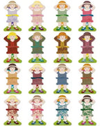 Set of 16 small figurines of girls in various dresses and hats on a white background