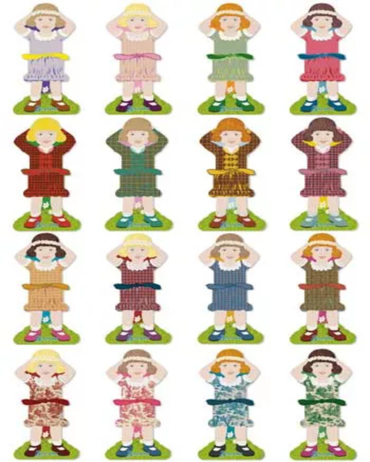Set of 16 small figurines of girls in various dresses and hats on a white background