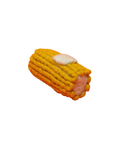Corn-shaped dog toy with yellow husk and pink kernel on a white background