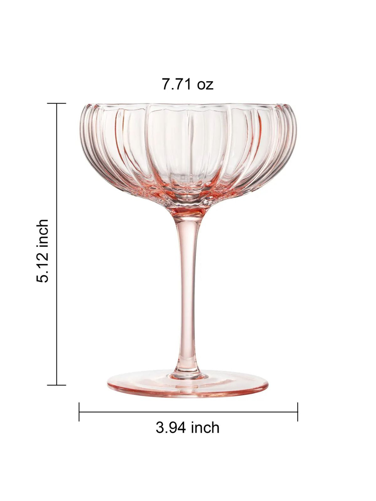 Pink glass coupe with measurements on a white background