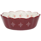 Red ceramic dish with floral patterns on a white background
