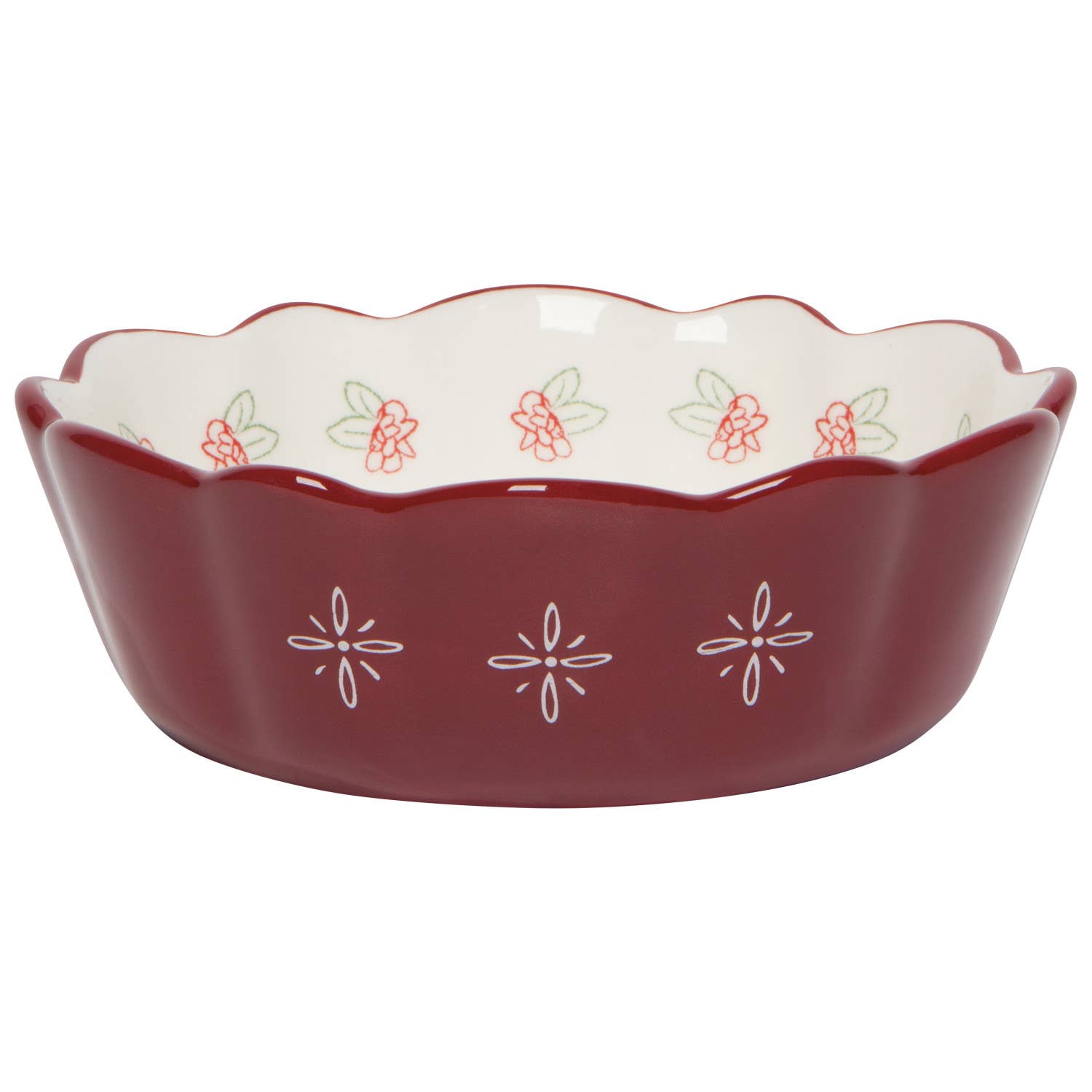 Red ceramic dish with floral patterns on a white background