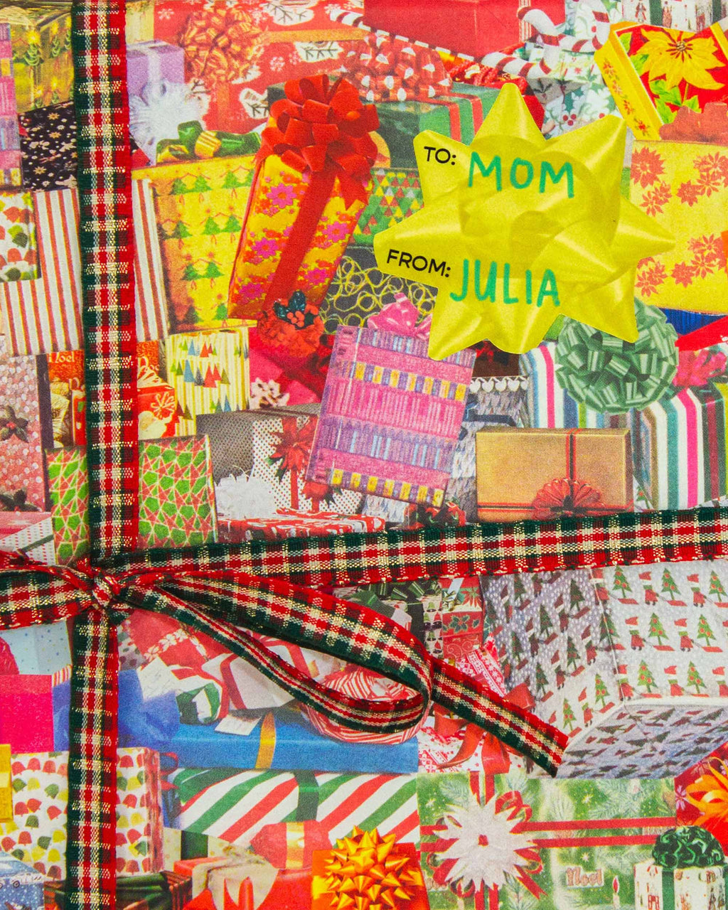 Colorful gift wrap with a bow and personalized message on a collage of various patterns.