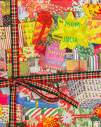 Colorful gift wrap with a bow and personalized message on a collage of various patterns.